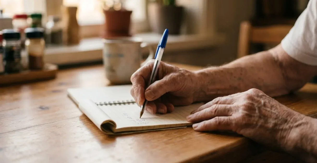 Senior person organizing health information at home for upcoming GP appointment