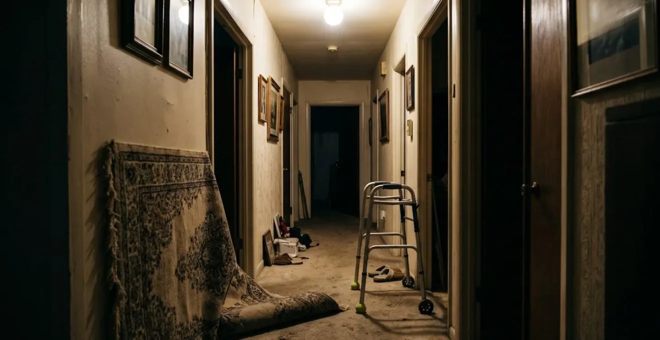 Dark residential hallway with harsh overhead light creating disorienting shadows on floor obstacles