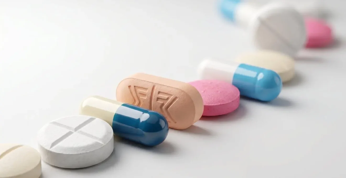 Macro close-up of medication pills arranged to illustrate the cascading effect of polypharmacy and drug interactions