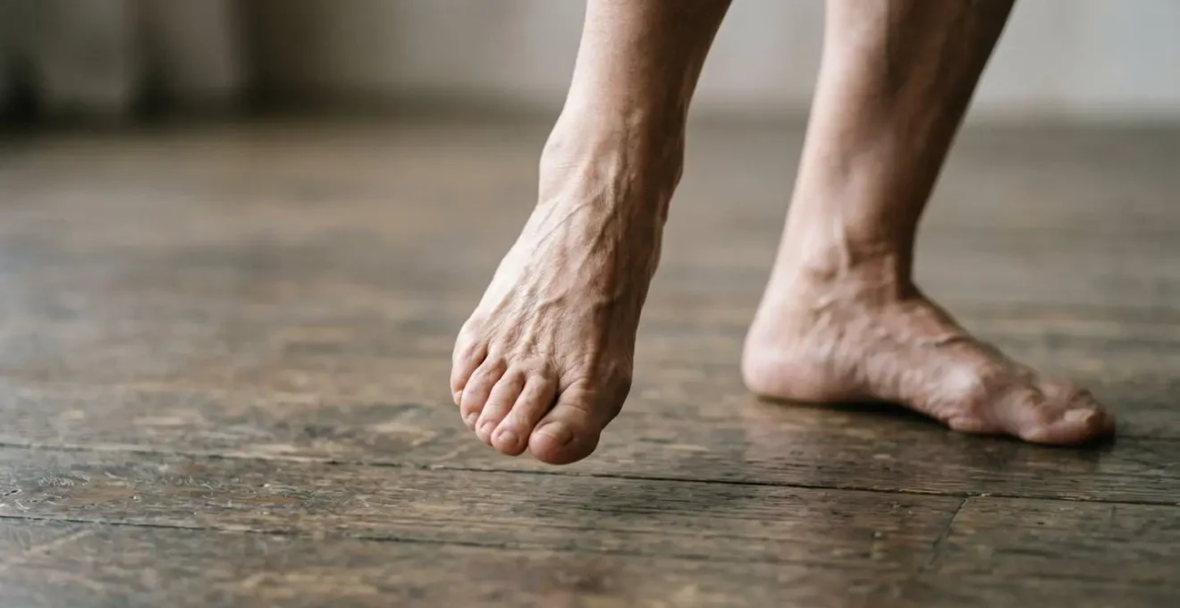 Close-up of senior's bare feet in balanced stance showing proprioceptive awareness during Tai Chi practice