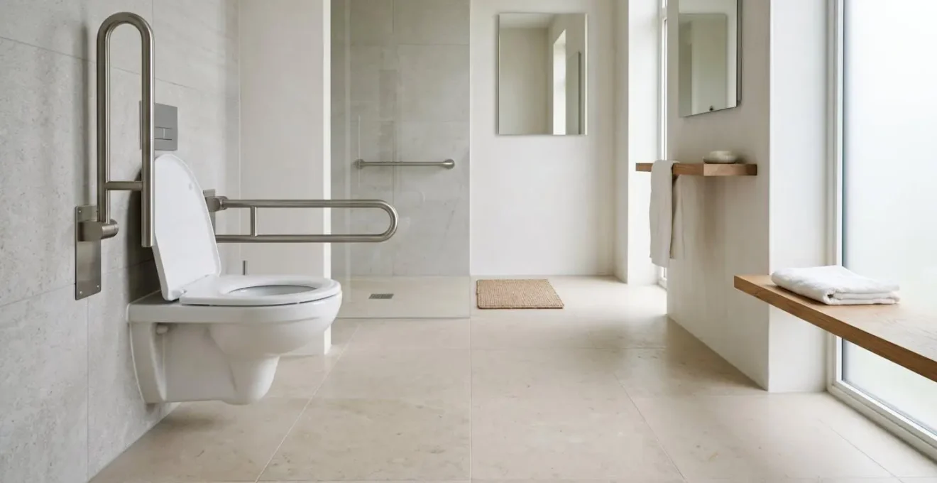 Side profile environmental view of modern accessible bathroom showing proper ergonomic positioning with raised toilet seat