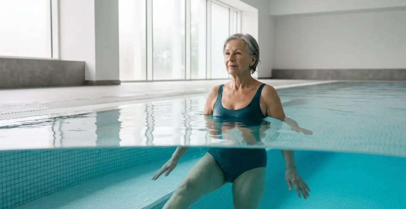 Senior woman in chest-deep pool water performing gentle leg movements, captured from water level showing natural resistance and buoyancy support