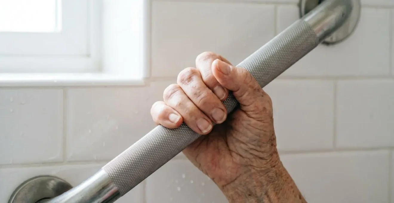Close-up portrait of elderly hand firmly gripping stainless steel bathroom grab bar, showing strength and stability, with soft natural lighting