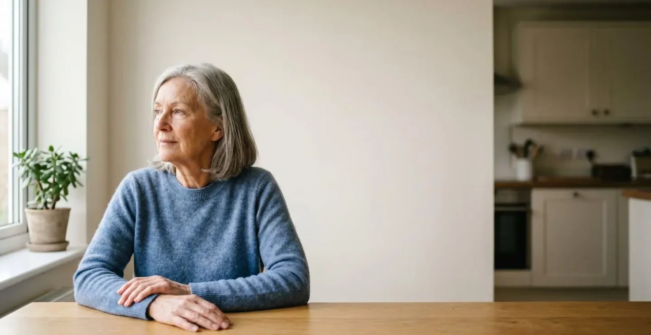 Environmental wide shot of senior person in contemplative moment showing decision-making about pain management with natural window lighting and minimal composition