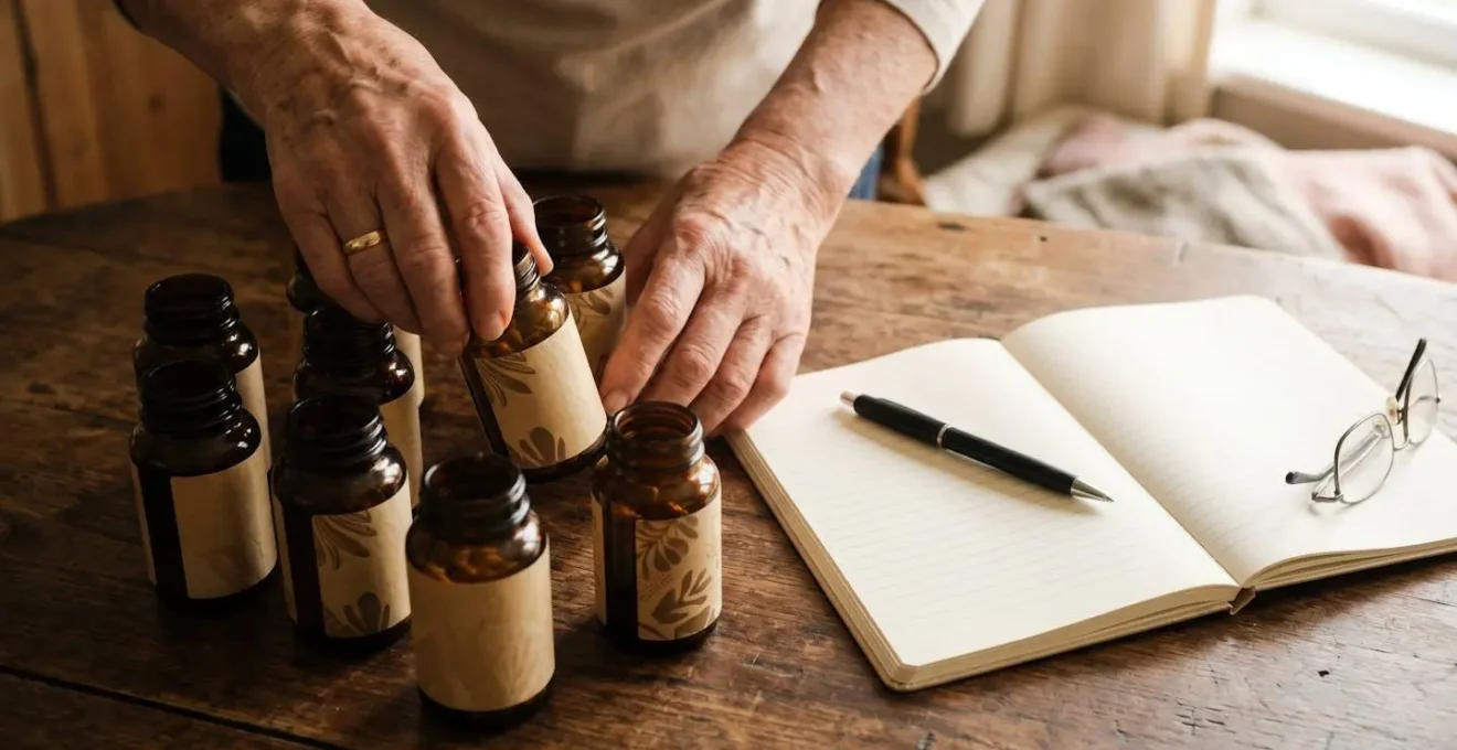 Elderly person at home table organizing supplements and medications with notebook for GP appointment preparation