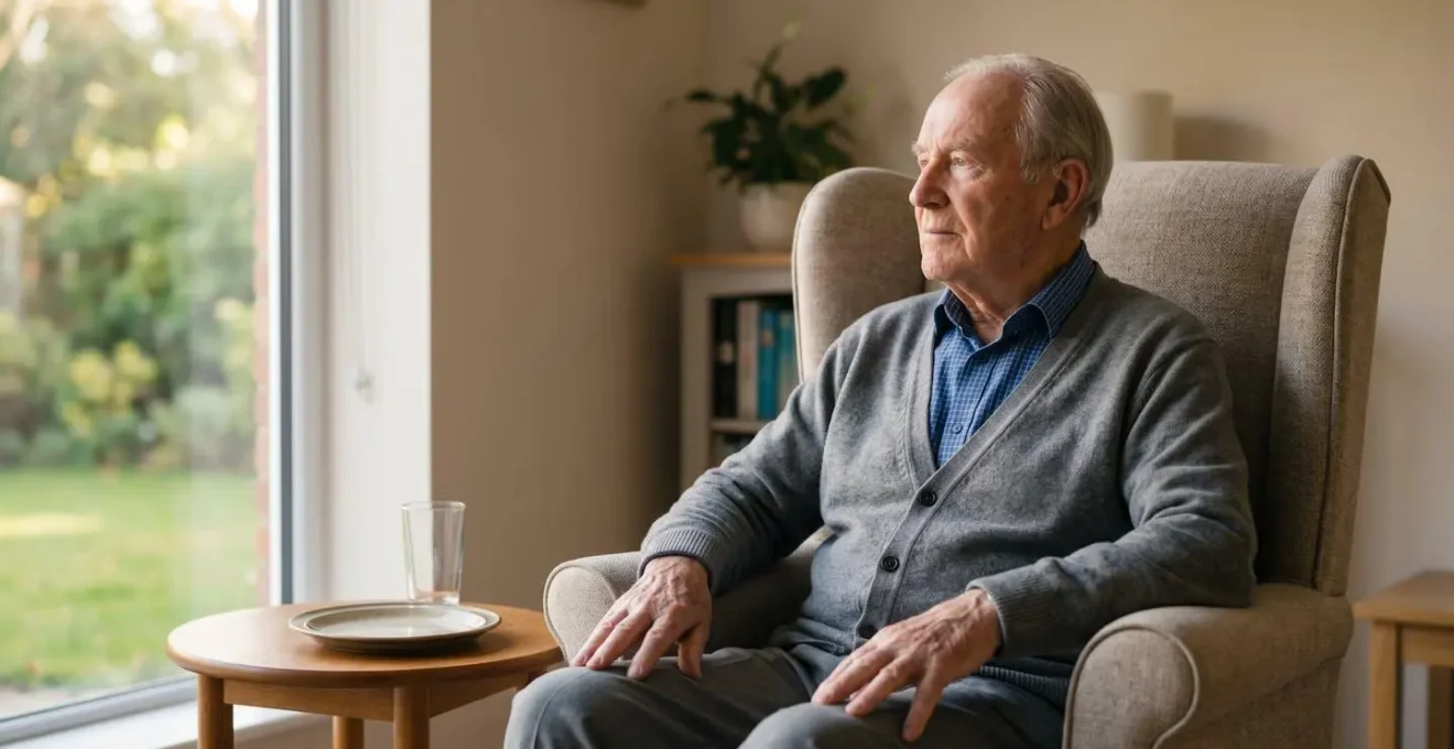Elderly person seated upright in supportive chair after finishing meal in calm home setting