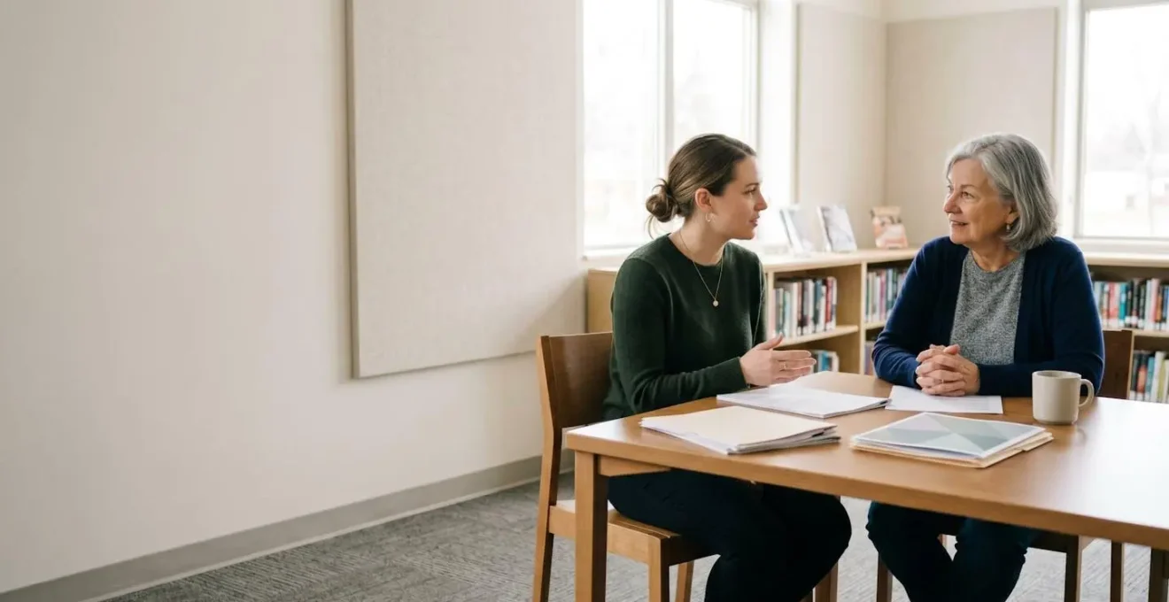 Senior adult in consultation with program coordinator reviewing mentoring materials in professional setting