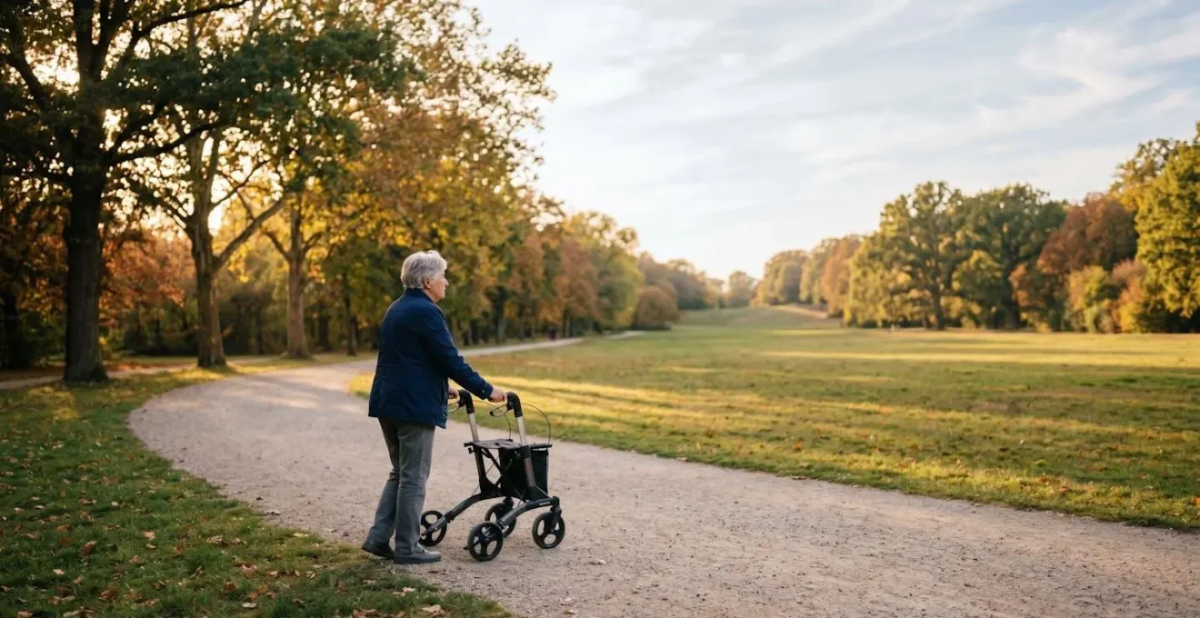Wide environmental shot of senior adult using rollator walker in park with built-in seat for resting during outdoor activity