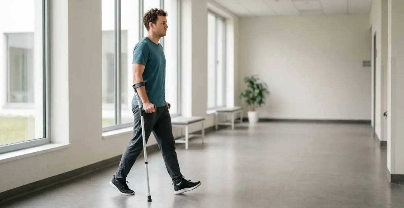 Person transitioning from two crutches to single crutch held in hand opposite to healing leg