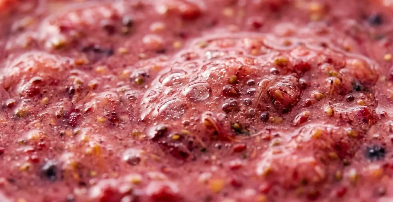 Extreme close-up of vibrant smoothie texture showing natural fruit fibers and liquid consistency