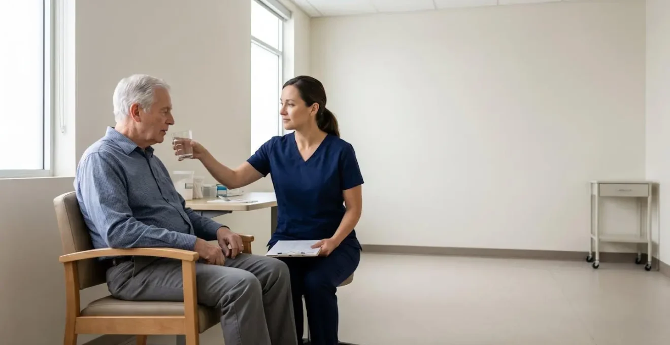 Speech-language pathologist conducting swallowing evaluation with elderly patient in clinical environment