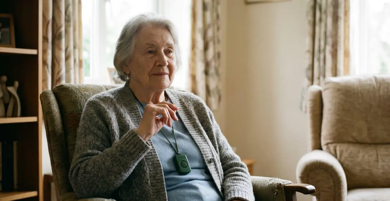 Senior person in home environment preparing to test their pendant alarm with checklist visible in soft focus