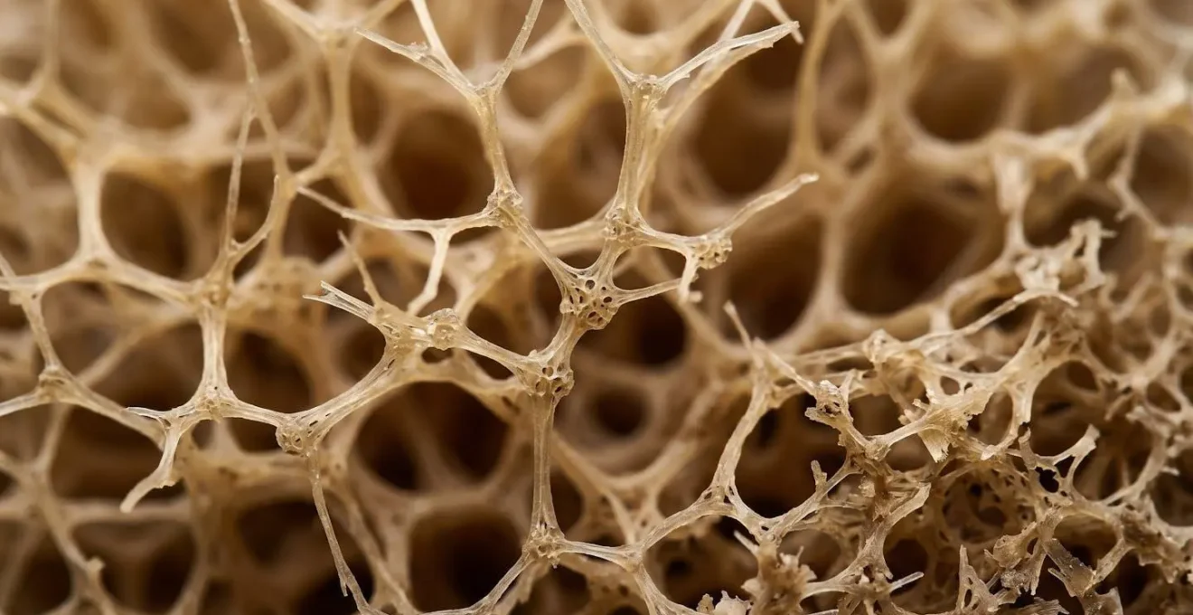 Close-up macro photograph illustrating the honeycomb-like trabecular bone structure showing structural collapse under stress
