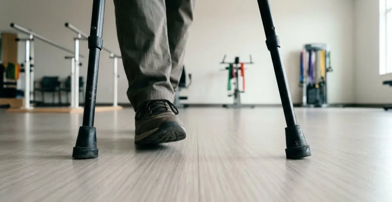 Demonstration of tripod stability formed by two crutch tips and non-operative foot during safe crutch walking