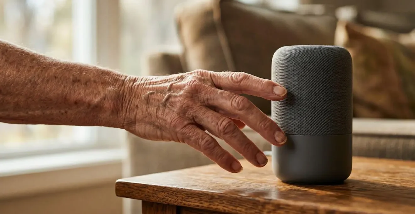 Close-up of a senior's hands reaching toward a smart speaker device with warm ambient lighting