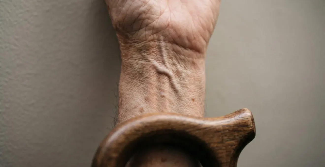 Close-up demonstration of proper wrist-to-floor measurement technique for cane height adjustment