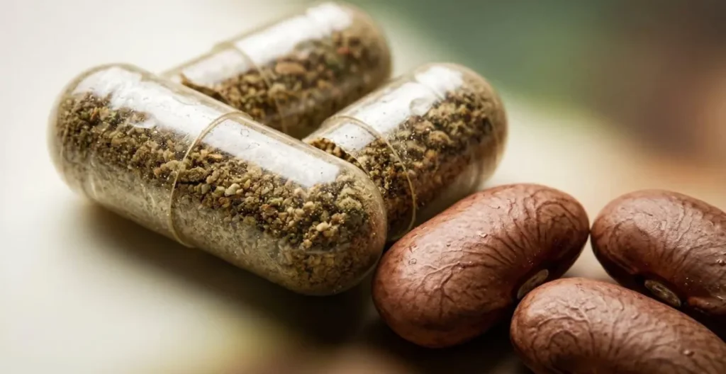 Macro close-up of dried herbal supplement capsules with visible texture against organic kidney-bean shaped elements representing organ vulnerability Macro close-up of dried herbal supplement capsules with visible texture against organic kidney-bean shaped elements representing organ vulnerability