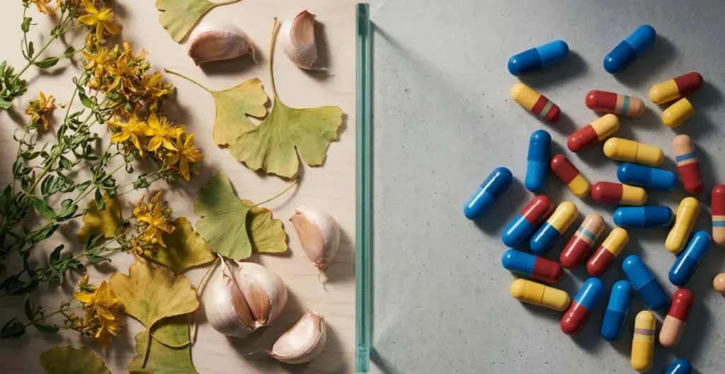Symbolic arrangement of herbal leaves and pharmaceutical capsules separated by a visual barrier representing potential interactions Symbolic arrangement of herbal leaves and pharmaceutical capsules separated by a visual barrier representing potential interactions