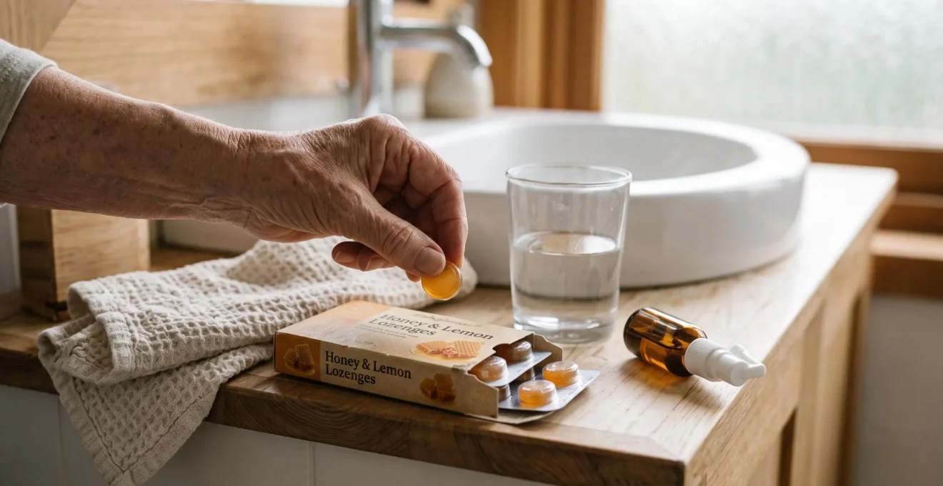 A senior woman's hand picks a lozenge from a box beside a glass of water on a shelf.