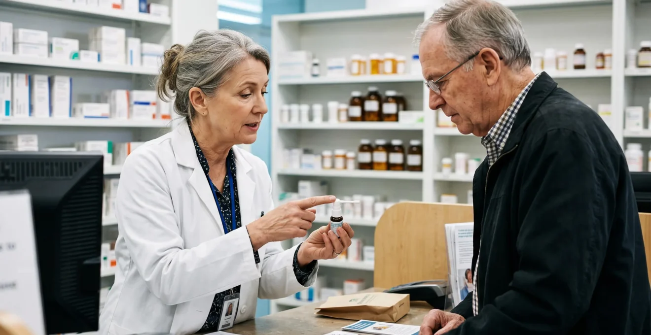 A pharmacist shows a throat spray bottle to a senior customer at a pharmacy counter.