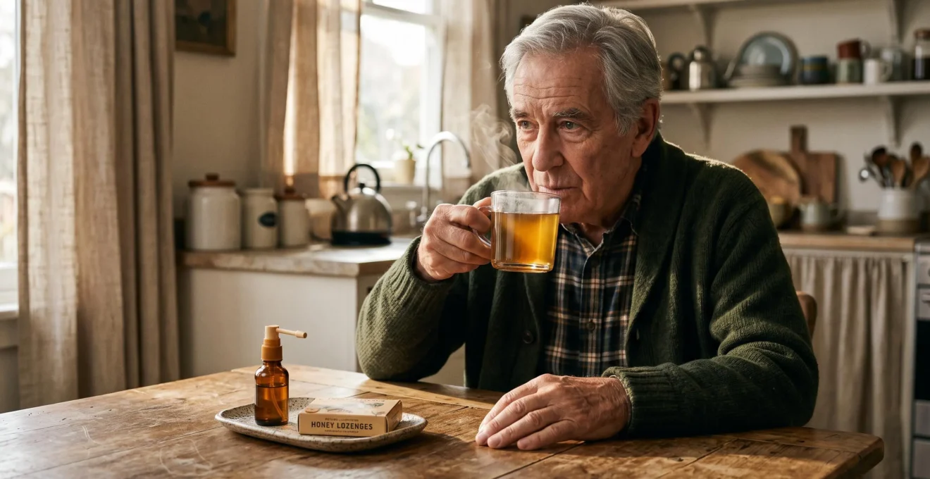 A senior man sips a warm herbal drink beside a throat spray and lozenges on a kitchen table.