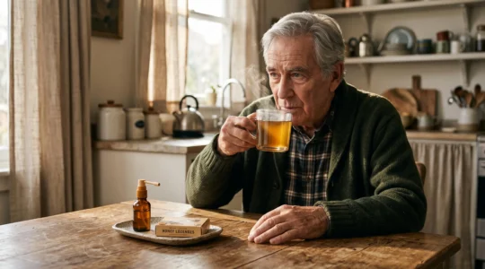 A senior man sips a warm herbal drink beside a throat spray and lozenges on a kitchen table.