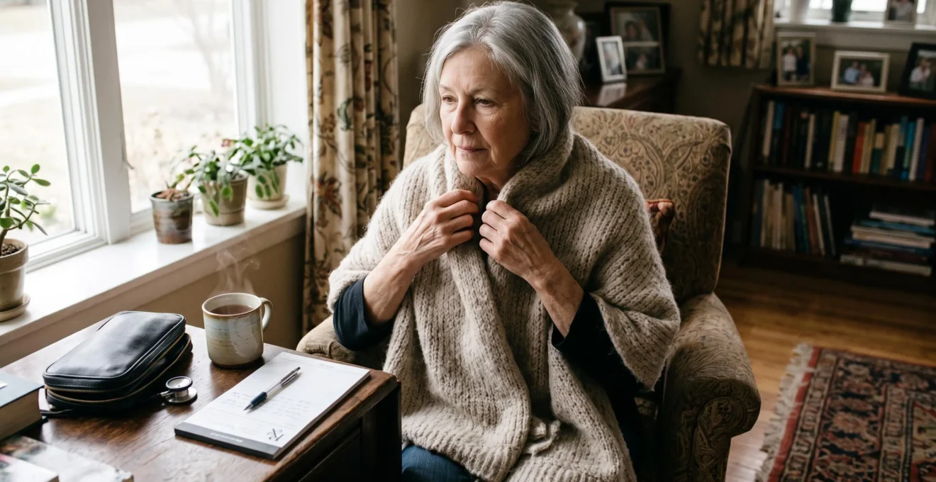 A senior woman wraps a shawl in an armchair after a home medical consultation.